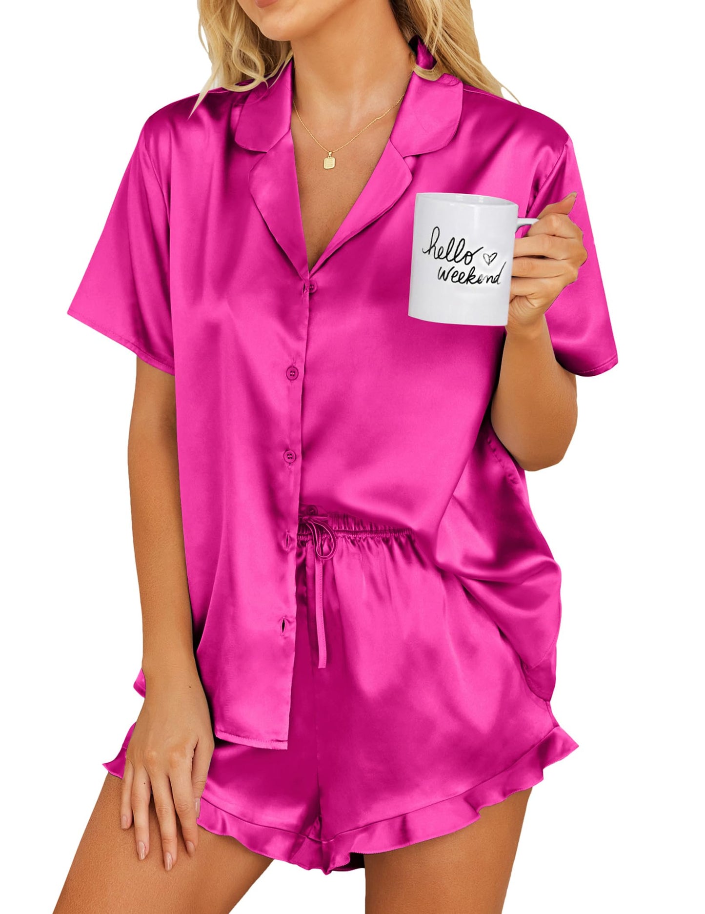 Ekouaer Womens Satin Pajamas Set Button Down 2 Piece Silk Pjs Shorts Set Ruffle Lingerie Notch Collar Sleepwear