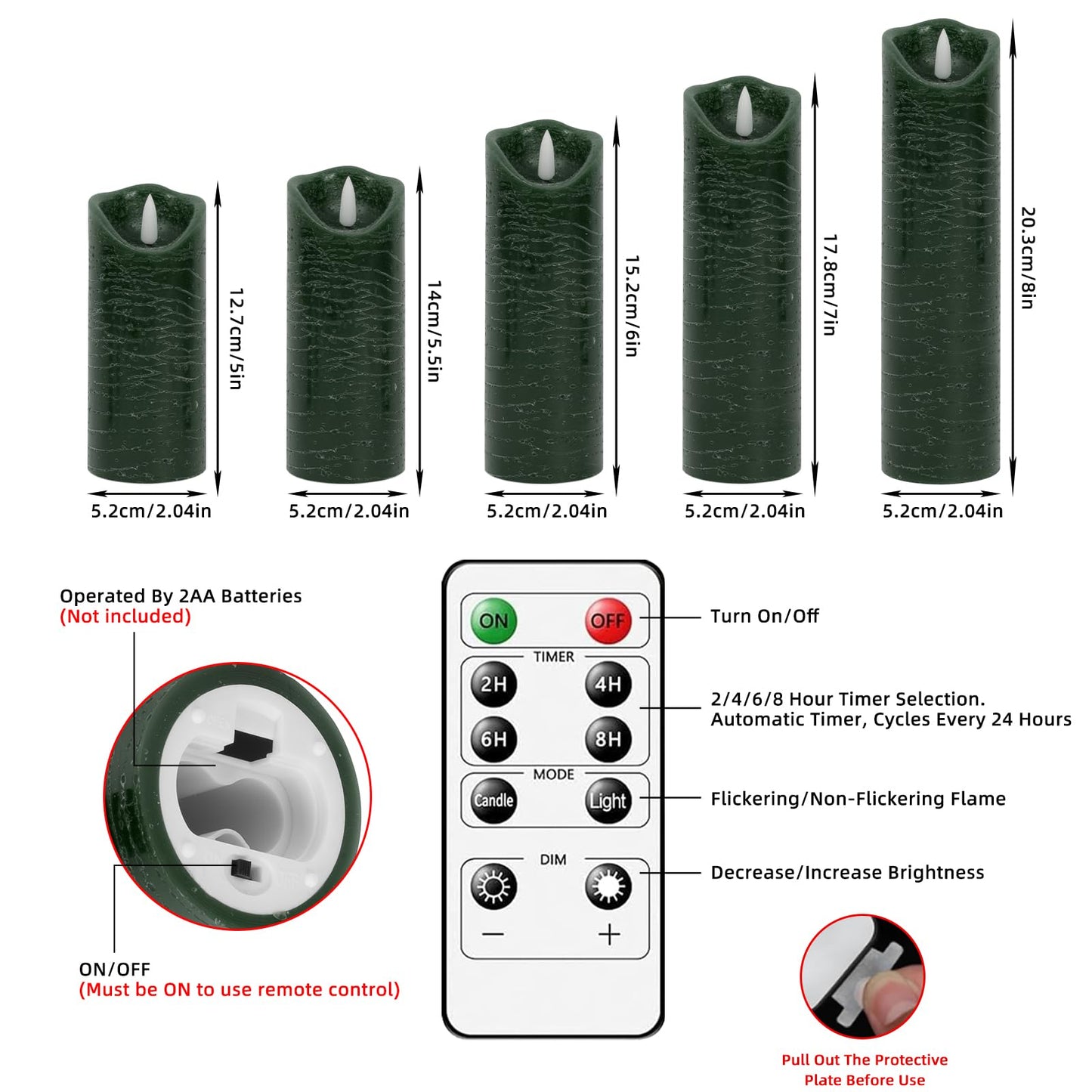 PinnWaa LED Candles with Timer Remote Control, Battery Operate Flameless Real Wax Flickering Wick Candle, Wedding Dinner Holiday Decor Candle, Halloween Christmas Gift LED Candles (5 Pack, Green)