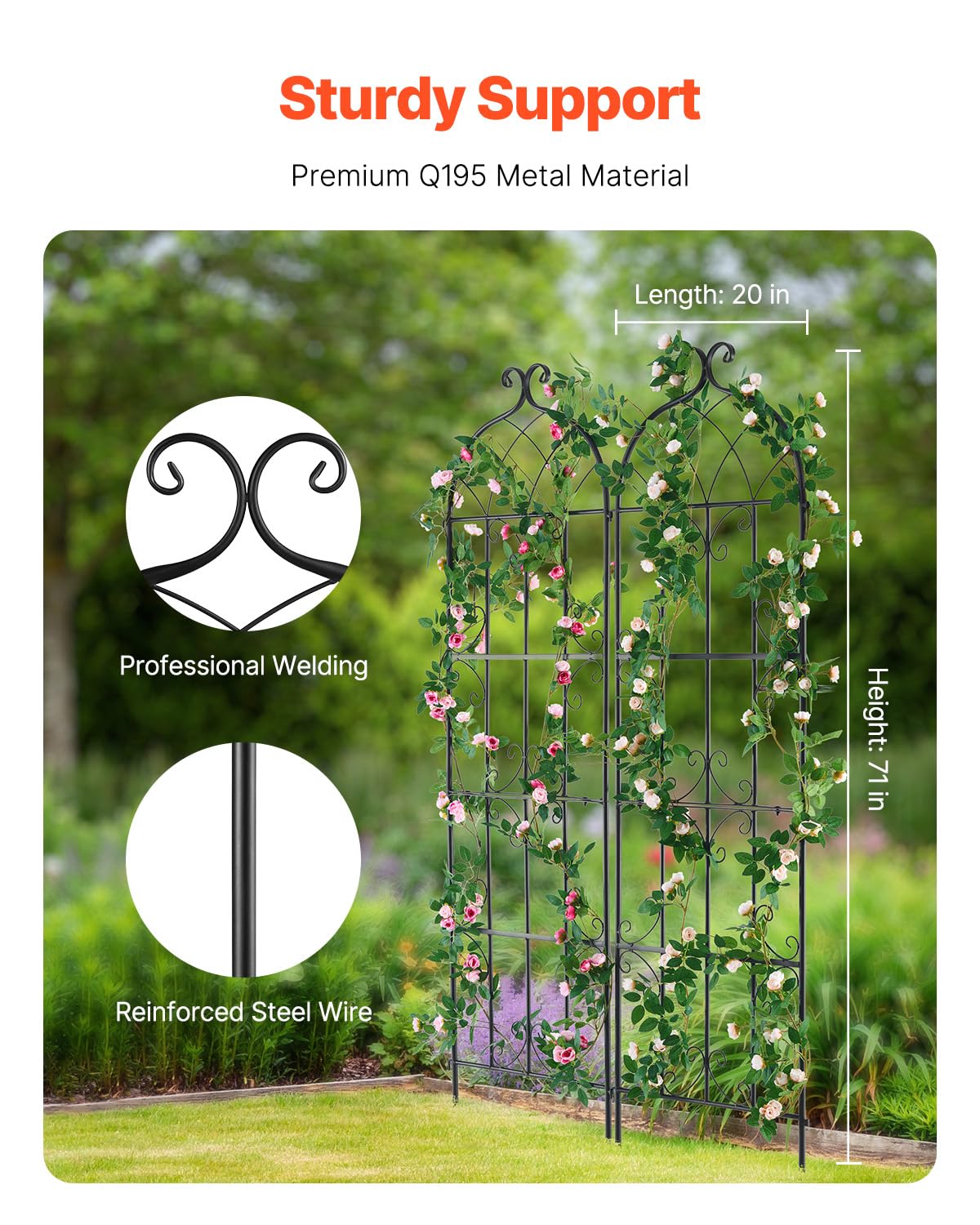 VEVOR 71 x 20 in, 2 Packs Rustproof Metal Garden Flower Trellis, Outdoor Climbing Rose & Cucumber Support, Decorative Clematis Trellis for Courtyards & Lawns