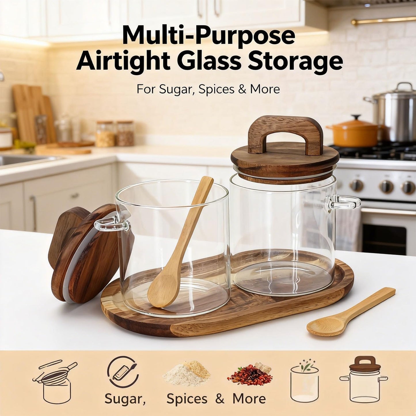 Lolytama Sugar Bowl Set,Airtight Glass Sugar Jar with Wooden Lids,Sugar Container Side Spoons and Serving Tray,Round Coffee Bar Accessories for Tea Station,Countertop, Pantry Shelf,2 Pack