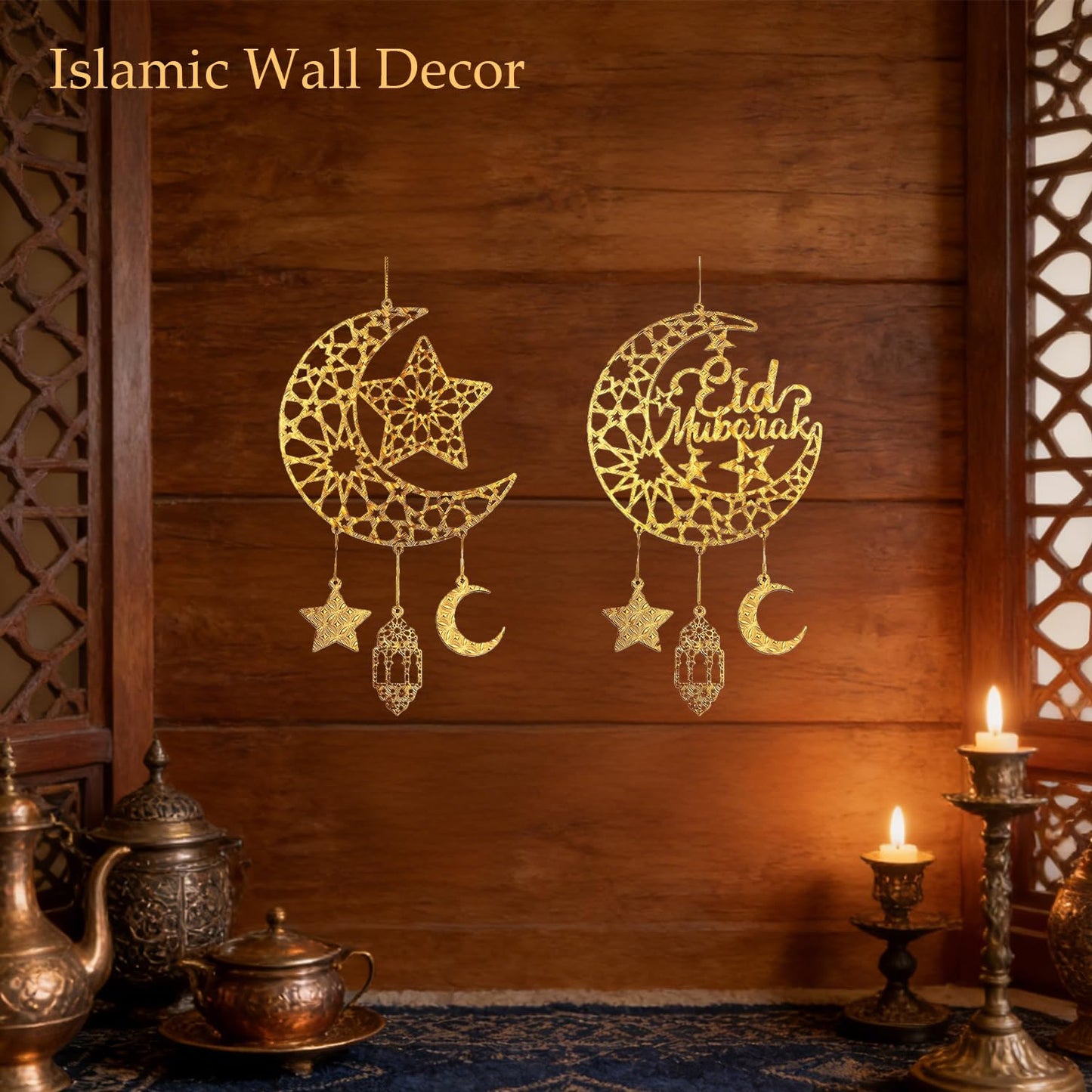 iLifemate Eid Decorations for Home, Eid Mubarak Moon & Star Wooden Hanging Ornaments – Gold Islamic Crescent Moon for Eid al-Fitr Sign, Muslim Home Decor, Eid Gifts, Ramadan Party Wall Door Wreath