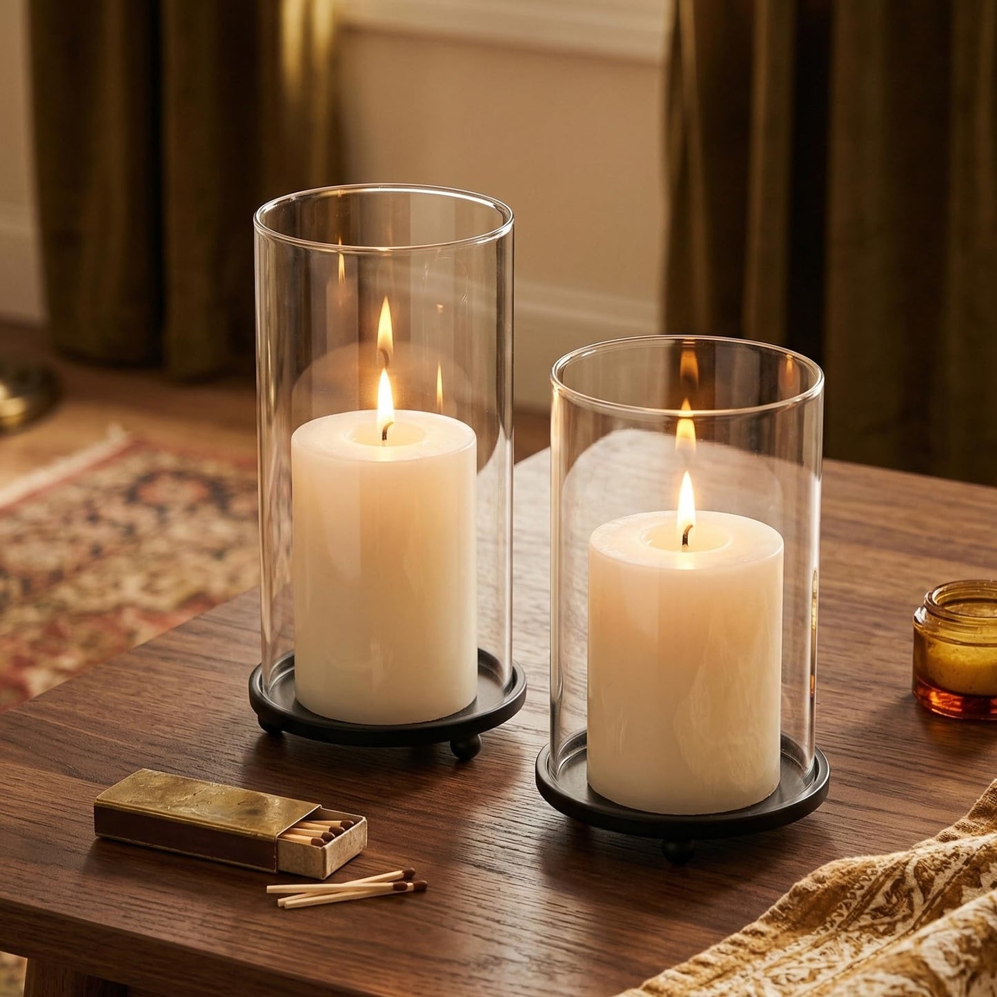 Hurricane Candle Holders Set of 2 - Pillar Candle Stands with Glass Sleeves for Fireplace Mantel & Dining Table Centerpiece Decor (Black)