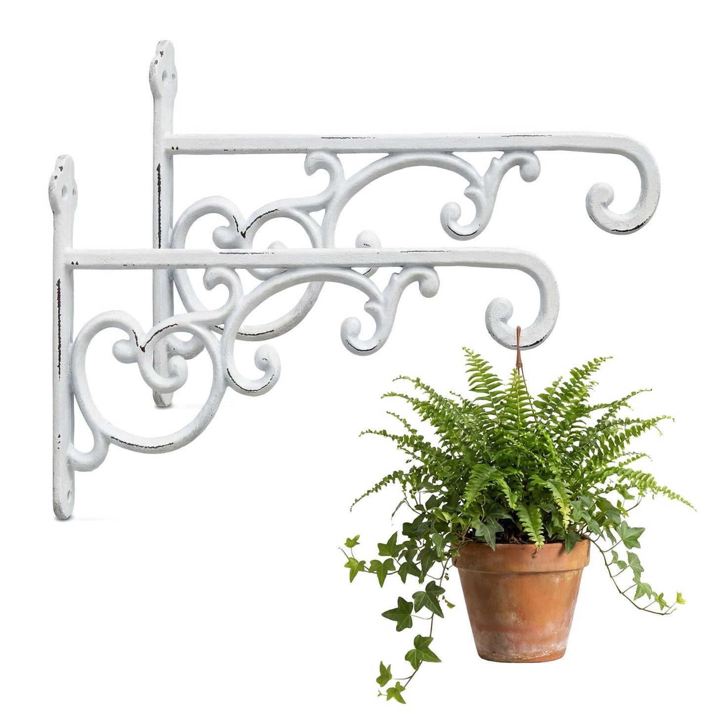 Facaler Heavy-Duty Cast Iron Plant Hanging Brackets, 11.5" Wall Mount Hanger for Planters, Bird Feeders, Lanterns, Outdoor & Indoor Use, Set of 2 with Mounting Hardware (White, 2-Pack‌)