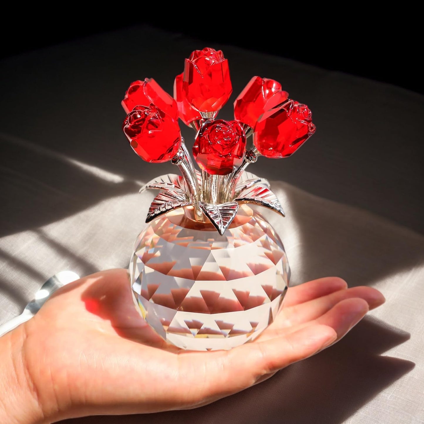 QAZMJUE Handmade Crystal Rose Flower Figurine - Elegant Red Glass Rose Bouquet for Wife, Mom, Women, Anniversary, Birthday, Wedding, Christmas, Home Decor Gift
