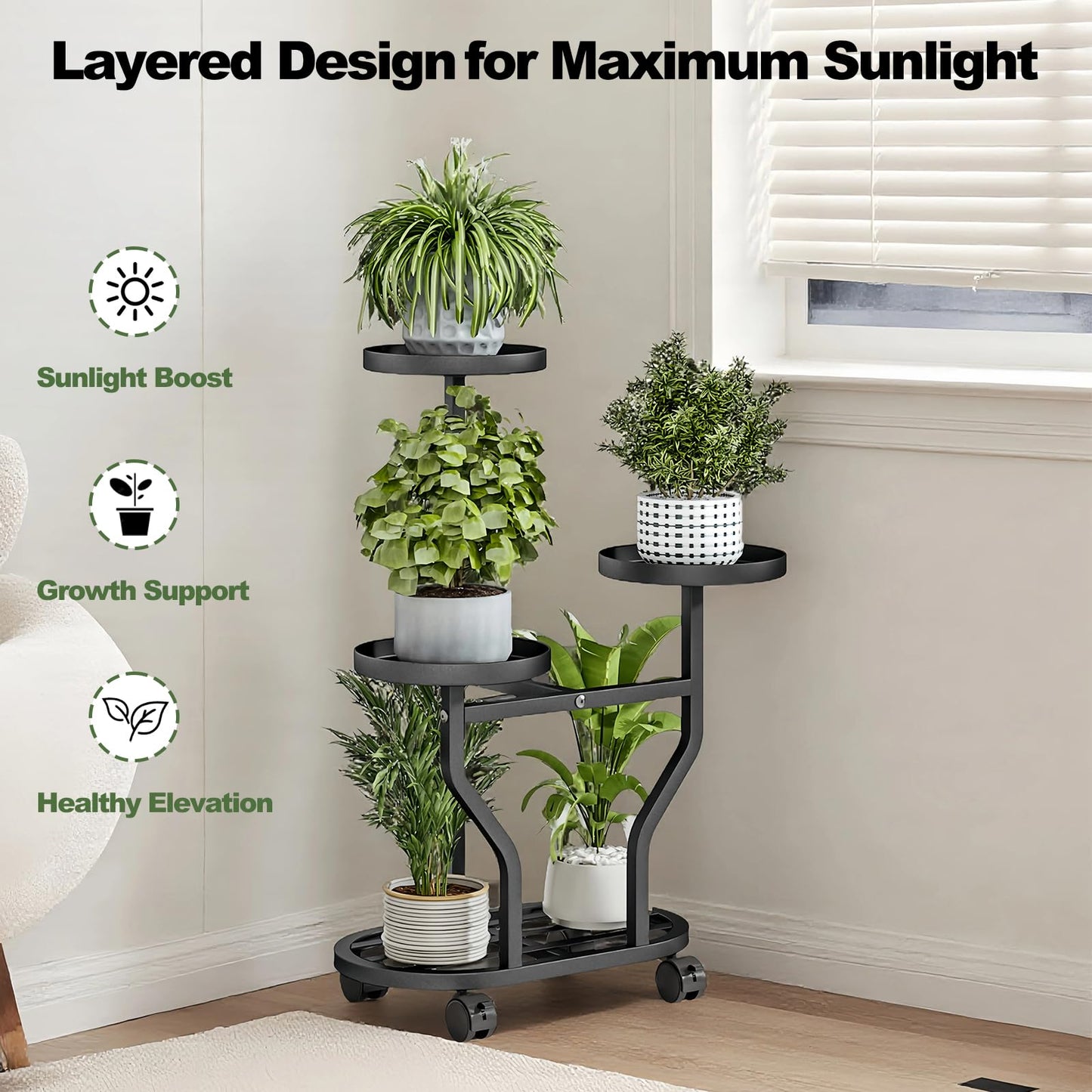 YIZAIJIA Plant Stand with Wheels 3 Tier Metal Plant Holder Corner Flower Shelf for Multiple Plants Display Rack for Bedroom Living Room Balcony Garden Black (Black, 3 Tier)