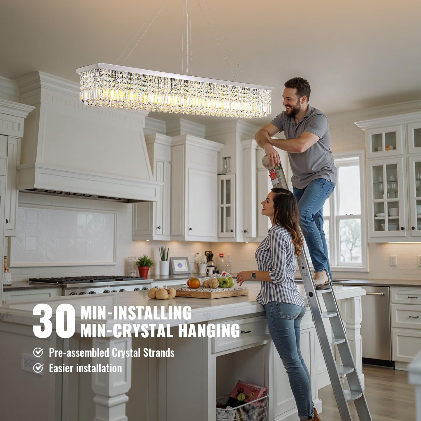 Tinkoso 59-inch Modern Crystal Chandelier,13-Light K9 Crystal Rectangle Chandelier for Dining Room,Kitchen Island Adjustable Hanging Pendant Light Fixture,Chrome Finish