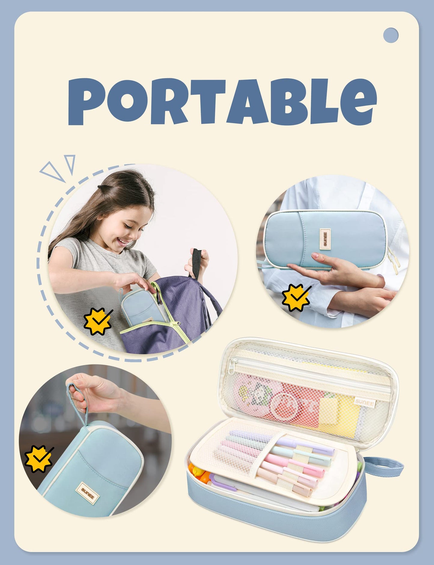 SUNEE Cute Pencil Case, Aesthetic Pen Pouch, Colored Large Pencil Bag with Zipper, Kawaii Stationery Storage and Organizer, School Supplies for Teen and Adult Girls, Blue