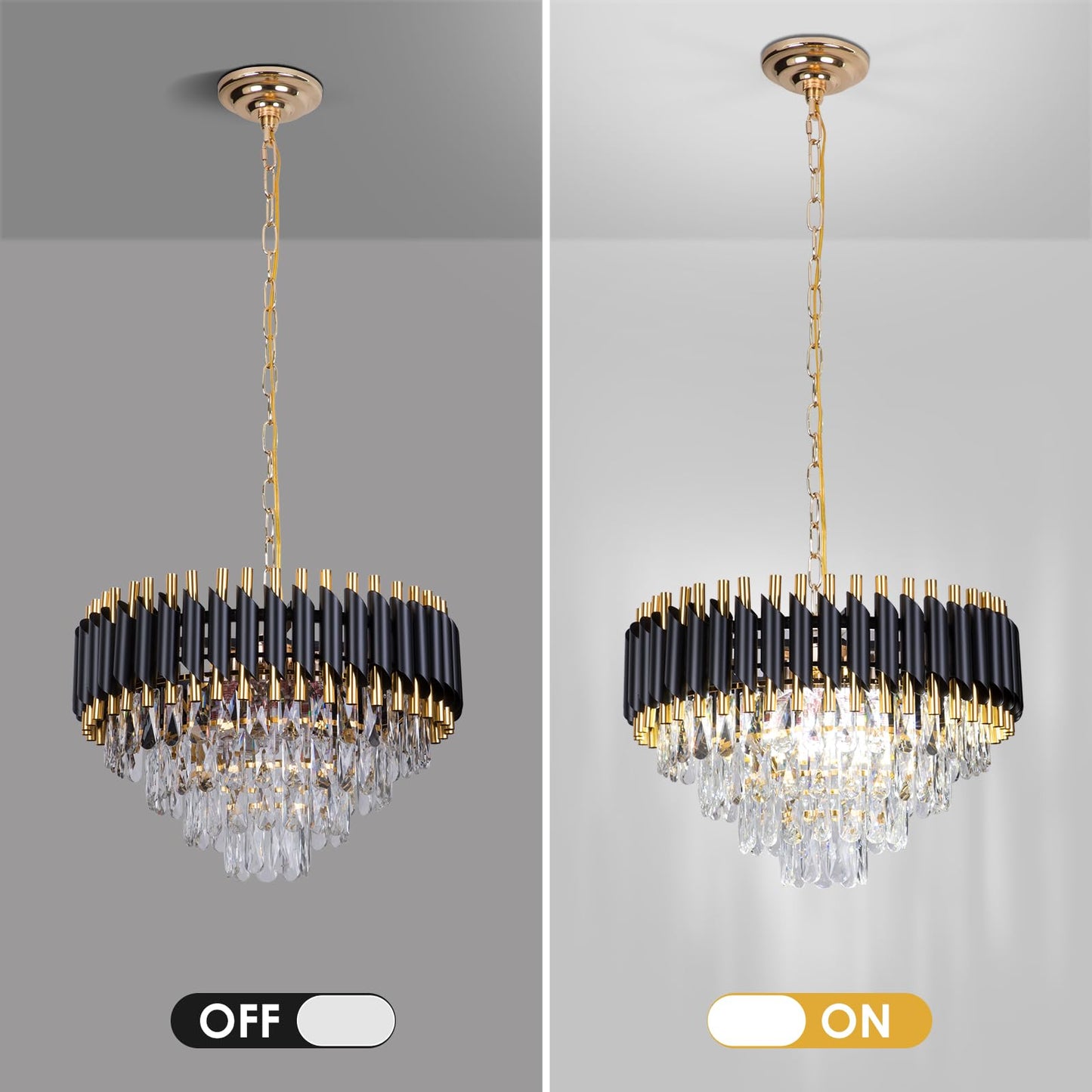 FRIXCHUR Modern Crystal Chandelier 20" Black Flush Mount Ceiling Light 4 Tiers Crystal Pendant Light LED Crystal Chandelier for Bedroom Dining Room