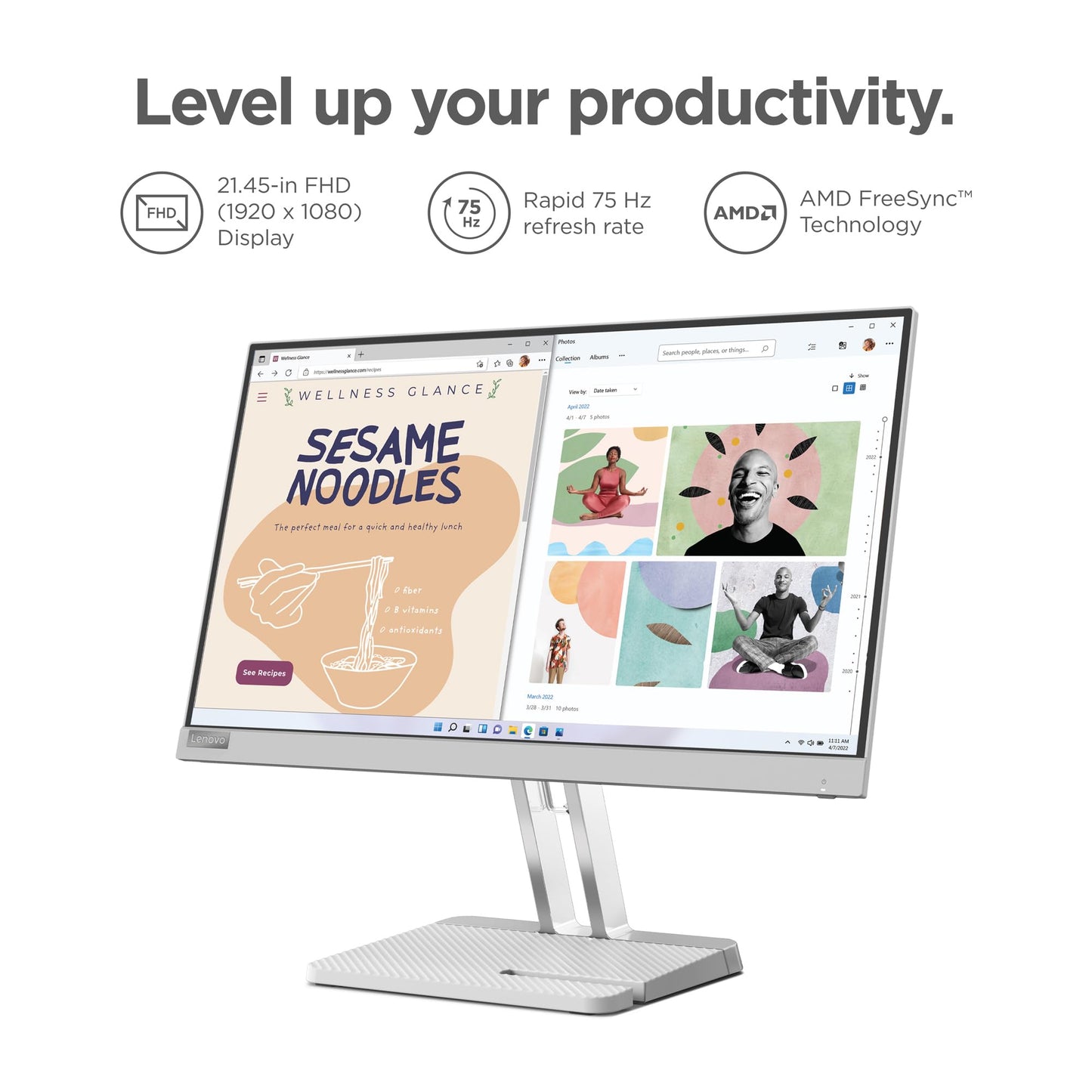 Lenovo L22e-40 Monitor, 21.45” FullHD Resolution, 250 nits Brightness, 75Hz Refresh Rate, AMD FreeSync, HDMI and VGA Ports, Tilt-Adjustable Stand, Natural Low Blue Light, Cloud Grey