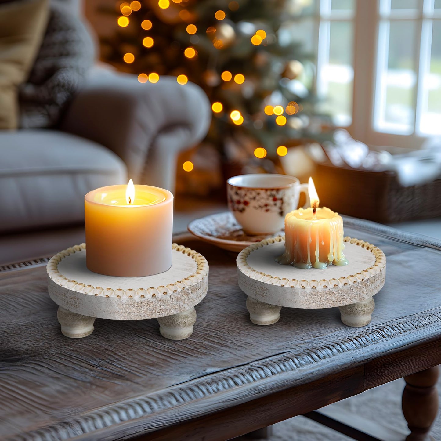 Small Wood Risers for Decor, Round Wooden Display Risers Candle Plates and Trays, Farmhouse Candle Trays Home Decor, Pedestal Stand for Mini Cake, Mug Display Decorative, Table Centerpiece, White