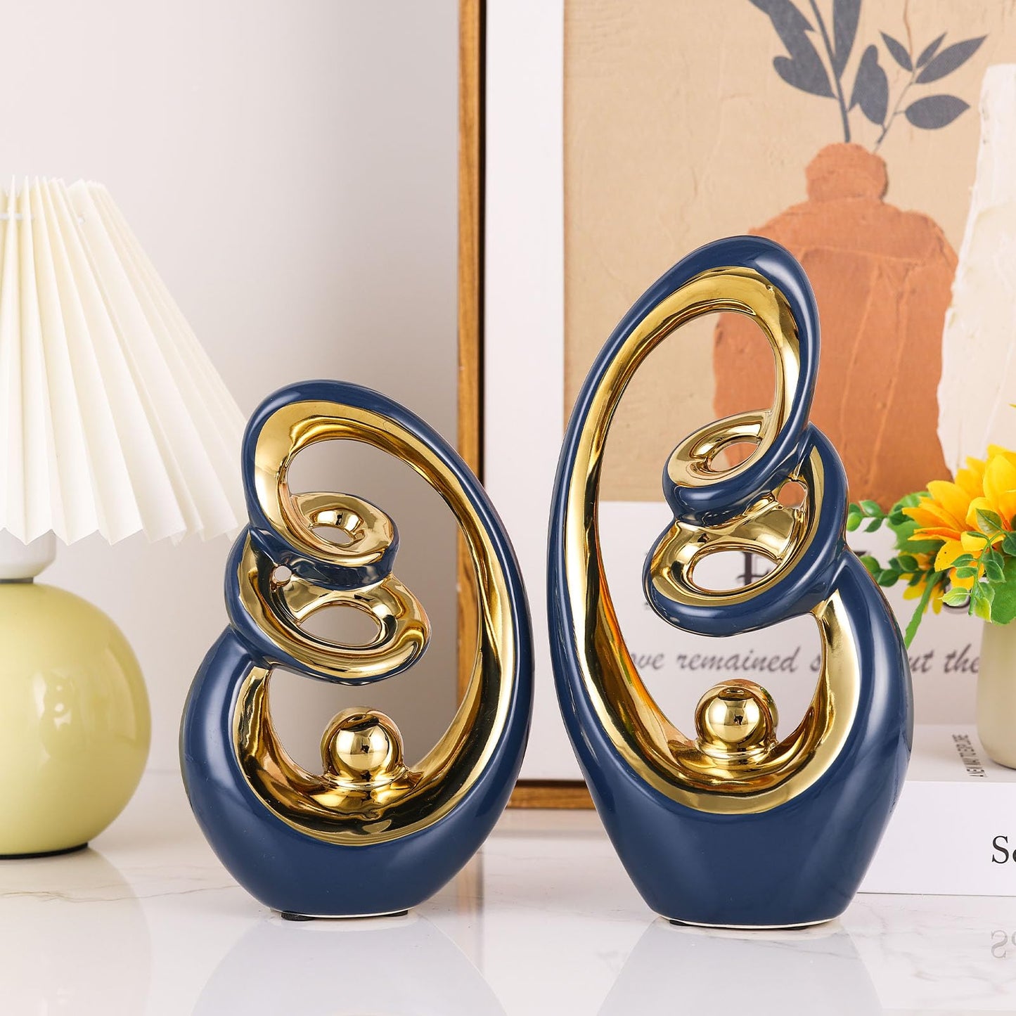 GAOSHENG Blue Gold Ceramic Abstract Sculpture, Modern Art Deco Statues With Gold Accents For Home, Tv Stand Decor Centerpieces