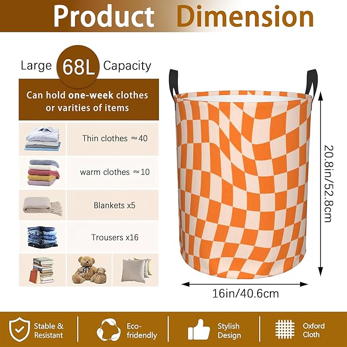 Groovy Retro Wavy Checkered Orange Laundry Basket, Waterproof Foldable Laundry