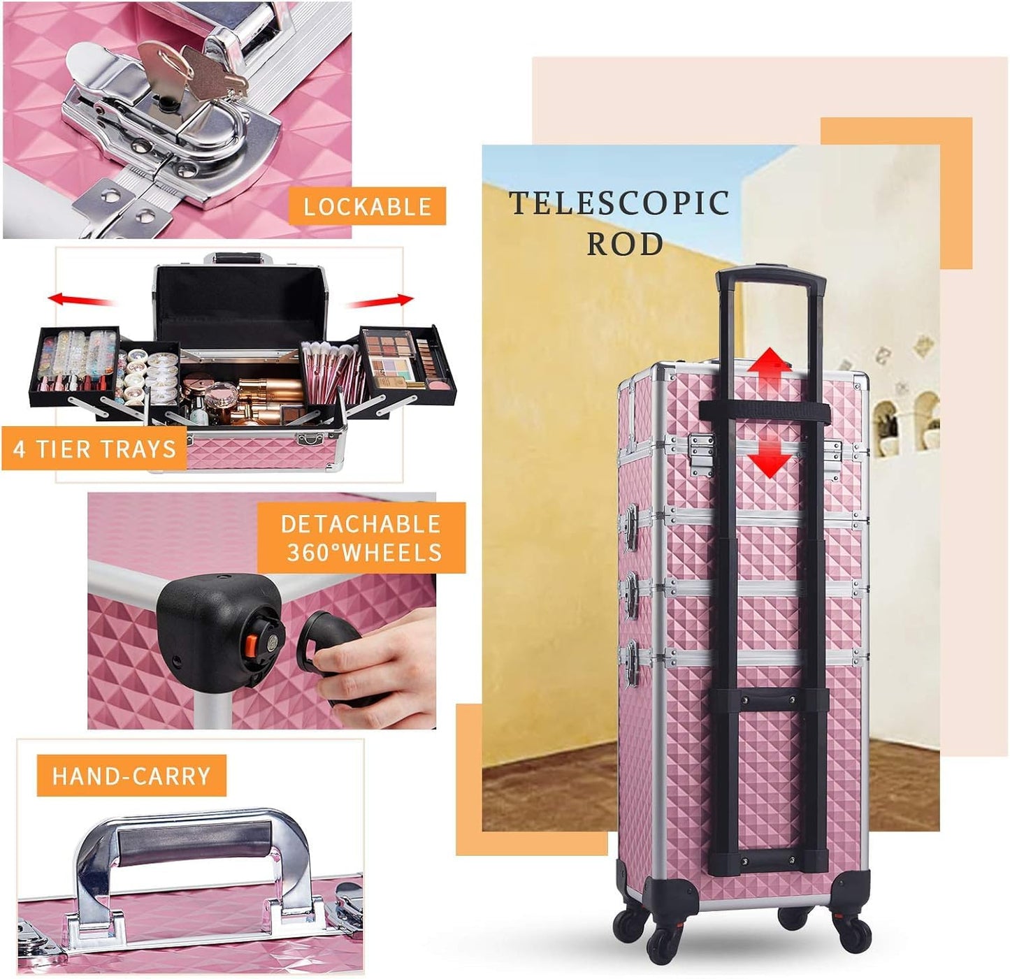 Joligrace Makeup Organiser 4-in-1 Beauty Case on Wheels Vanity Case Pink Trolley Nail Polish Organiser