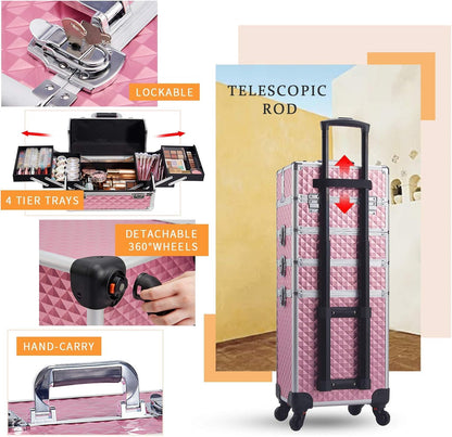 Joligrace Makeup Organiser 4-in-1 Beauty Case on Wheels Vanity Case Pink Trolley Nail Polish Organiser