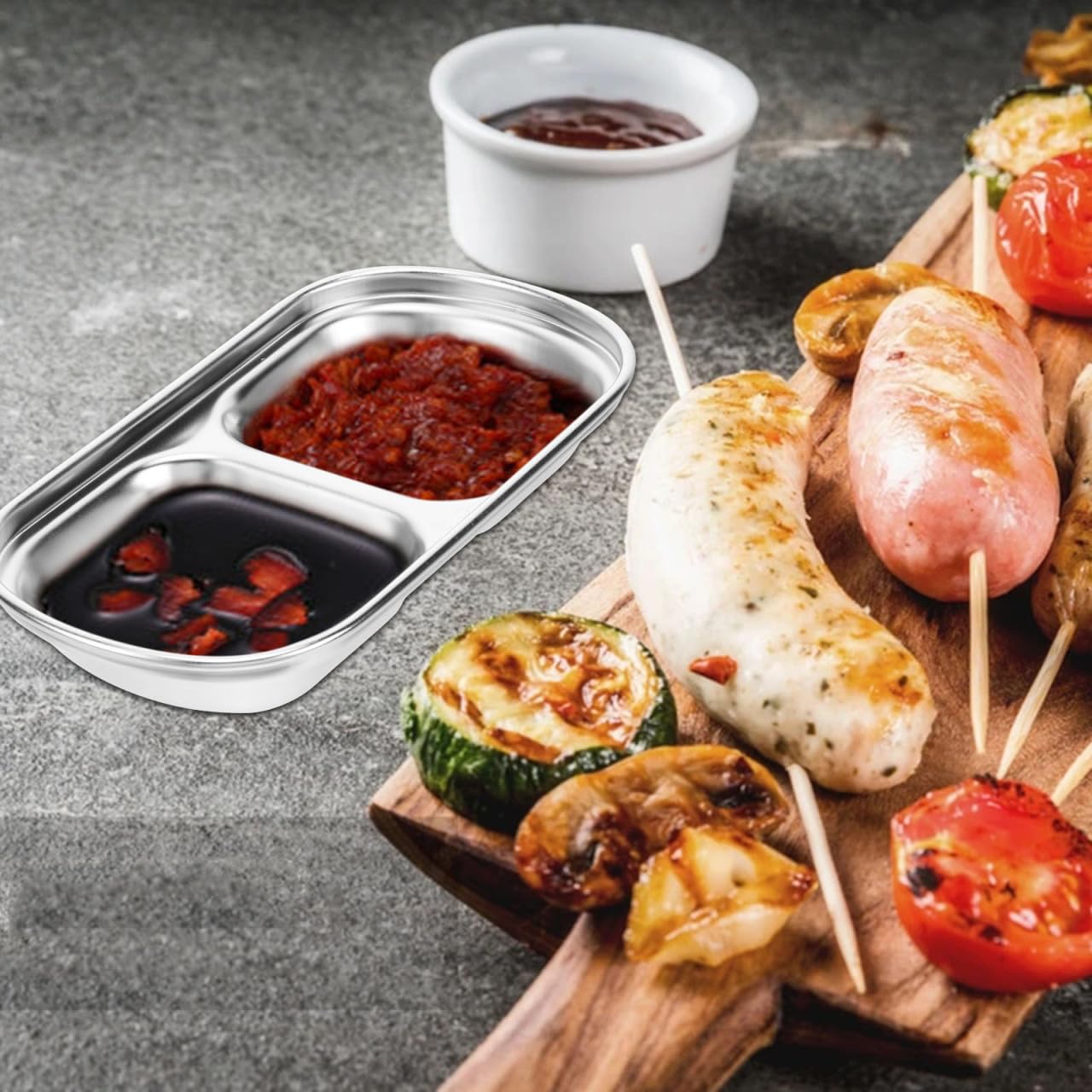 Hemoton 3Pcs Stainless Steel Seasoning Dishes,2 Grid Dipping Sauce Dishes Rectangle,Appetizer Plates,Dipping Sauce Bowl for Soy Vinegar BBQ-Chip and Condiments