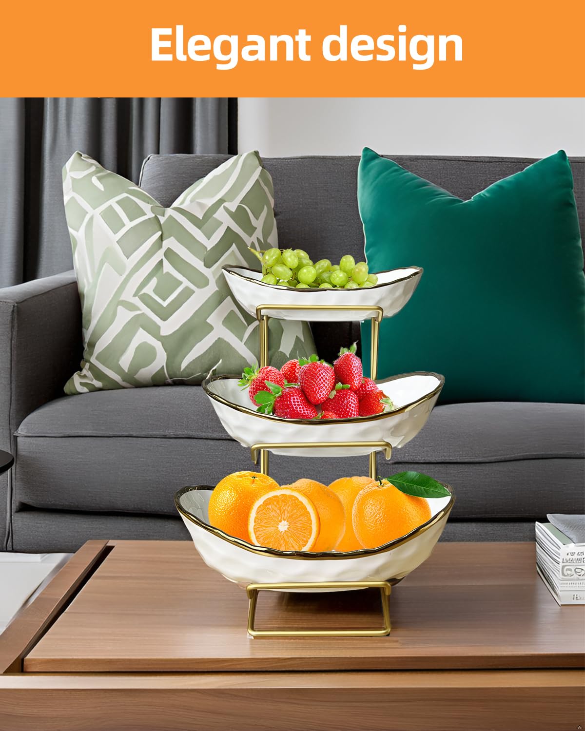Niuirt Fruit Bowl for Kitchen Counter, 3-Tier Fruit Basket, Ceramic Fruit Bowl with Metal Stand for Fruit, Vegetable Storage, Snack, Nuts, Dessert, Cake, Stylish & Cute
