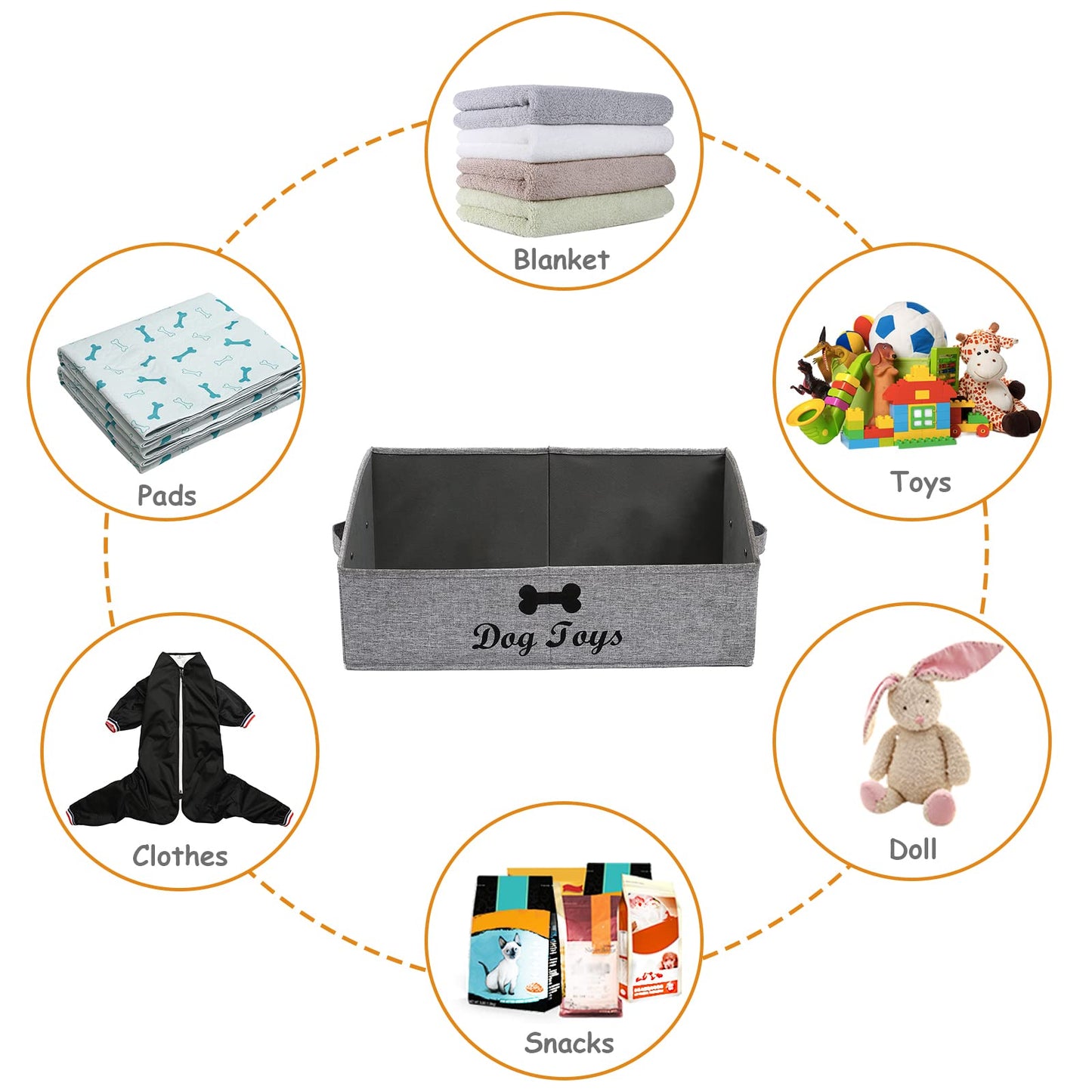 Geyecete Large dog toy bin dog toy box storage box - Foldable Fabric Trapezoid Organizer Boxes with Handle, Collapsible Basket for Dog Toys (Gray-DOG)