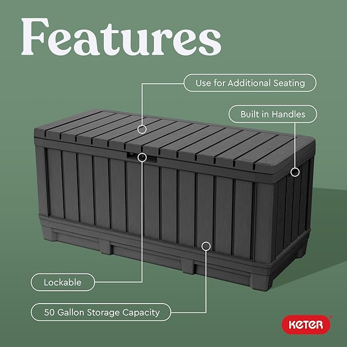 Keter Kentwood 92 Gallon Resin Deck Box-Organization and Storage for Patio Furniture Outdoor Cushions, Throw Pillows, Garden Tools and Pool Floats, Dark Grey