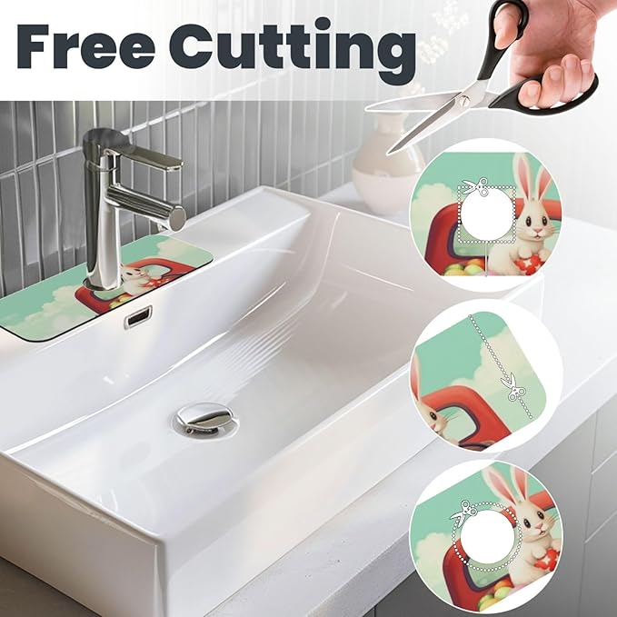 Kitchen Sink Splash Guard Faucet Mat Easter Bunny Rabbits 15"x5.5", Diatom Mat