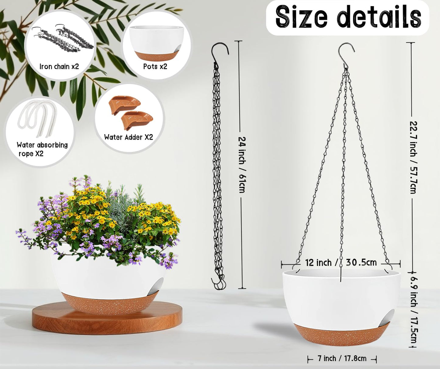 zople 2 Pack 12 Inch Self Watering Hanging Planters for Indoor Plants, Large White Brown Plastic Hanging Pots with Chains for Outdoor Patio Garden Home Decor White Brown