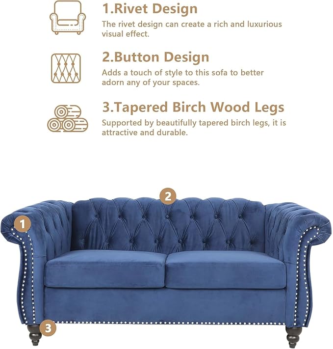 Mid-Century 2 Seater Sofa, Velvet Loveseat