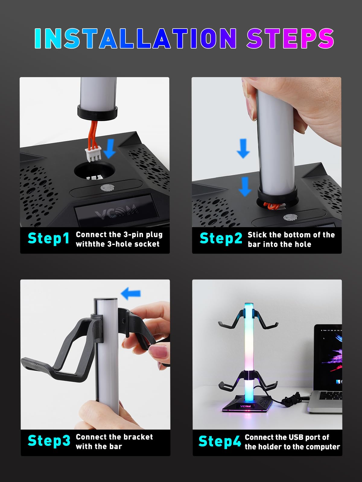 V VCOM RGB Gaming Headphones Stand with 2 USB Ports Headset Stand with 10 Light Modes and Non-Slip Rubber, Suitable for All Earphone Accessories, Best Gift for Husband, Kids, Boyfriend