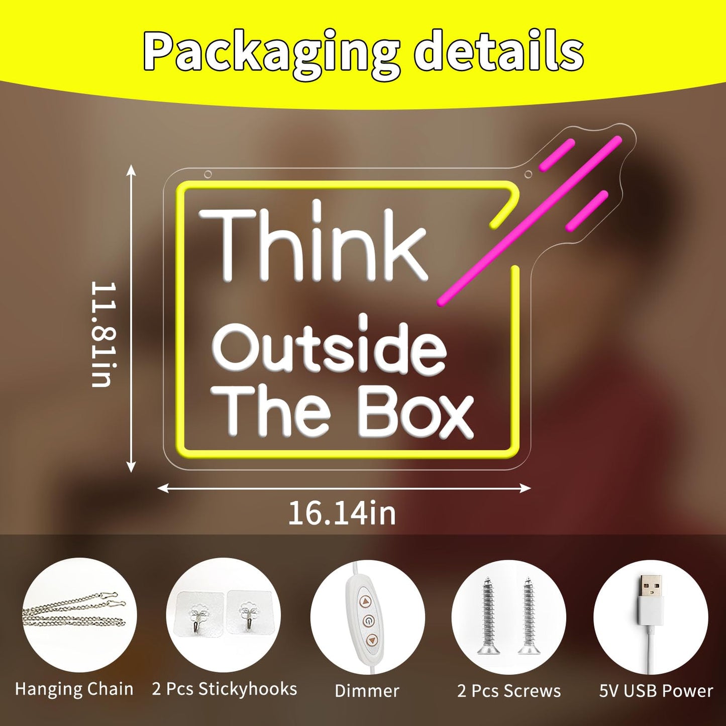 Think Outside The Box Neon Sign, Dimmable LED Neon Light for Wall Decor, USB Powered Acrylic Sign for Office, Bedroom, Classroom, Studio & Creative Space Decoration 16.14 x 11.81"