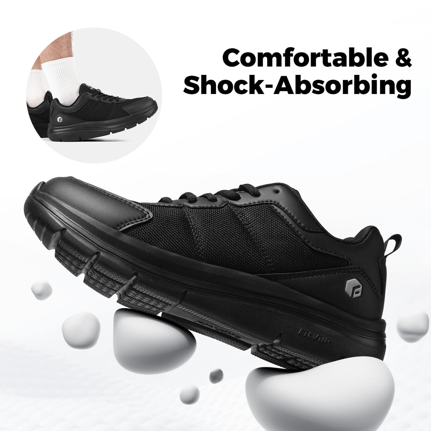 FitVille Mens Extra Wide Fitting Trainers Lightweight Breathable Walking Sneakers Comfortable Shoes for Plantar Fasciitis Wide Feet Jet Black