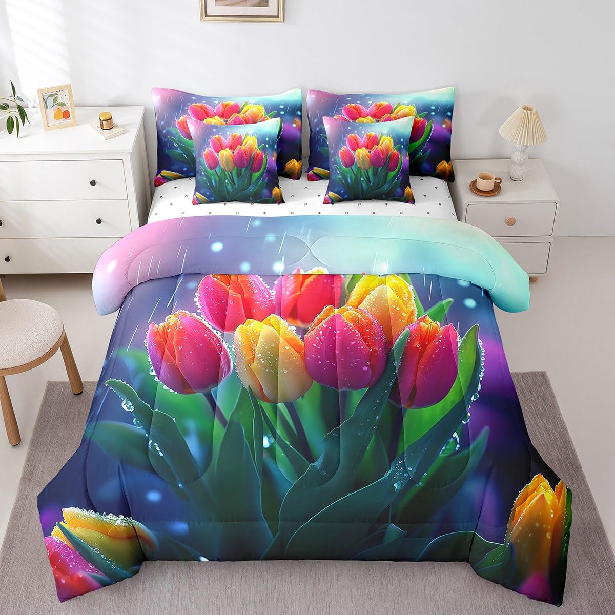 Erosebridal Tulips Bedding Set Spring Summer Flowers Twin Comforter Set 7 Piece for Kids Girls Teen Women,Rainy Floral Pink Yellow Tulips Bed in A Bag Pastel Plants Sheet Set with Comforter
