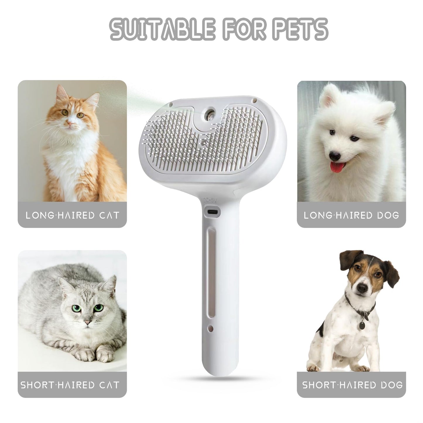Spray Cat Pet Grooming Brush with Water Sprayer - Hair Removal Comb for Cats and Dogs, White Shedding and Bath Brush with Steam Release