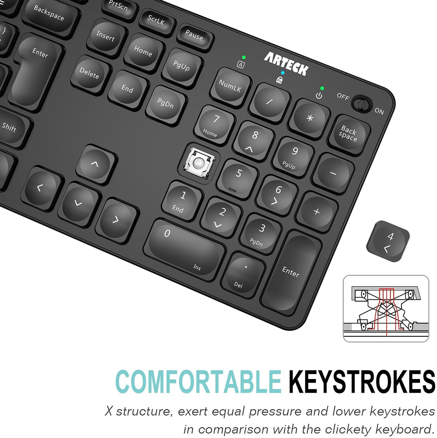 Arteck 2.4G Wireless Keyboard Ultra Slim Full Size Keyboard with Numeric Keypad and Media Hotkey for Computer/Desktop/PC/Laptop/Surface/Smart TV and Windows 10/8/ 7 Built-in Rechargeable Battery