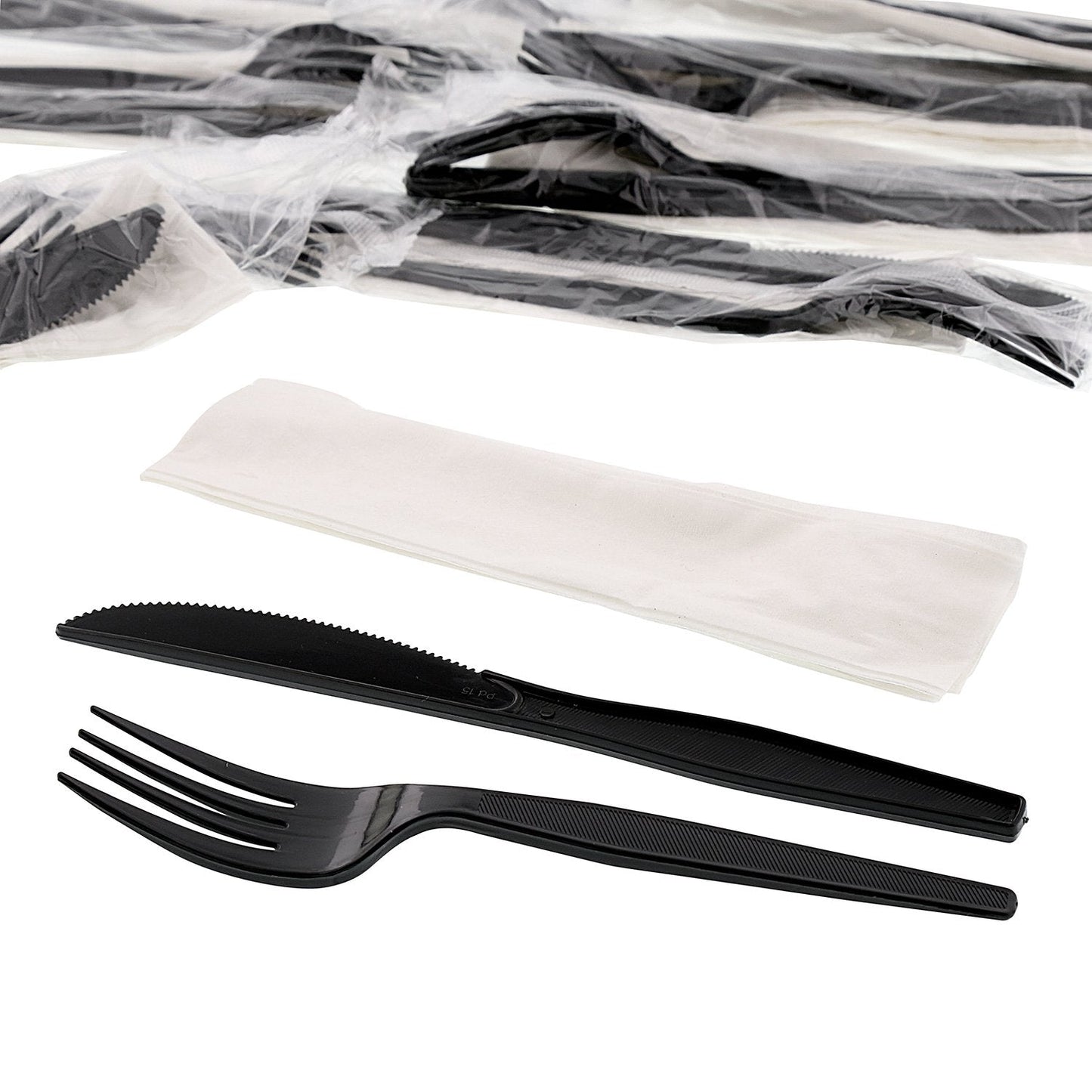 AmerCareRoyal 3-in-1 Disposable Silverware Medium Heavy Weight Plastic Utensil Set with Fork, Knife and 12x13 inch Napkin - Individually Wrapped Cutlery Meal Kit, Black, Case of 500