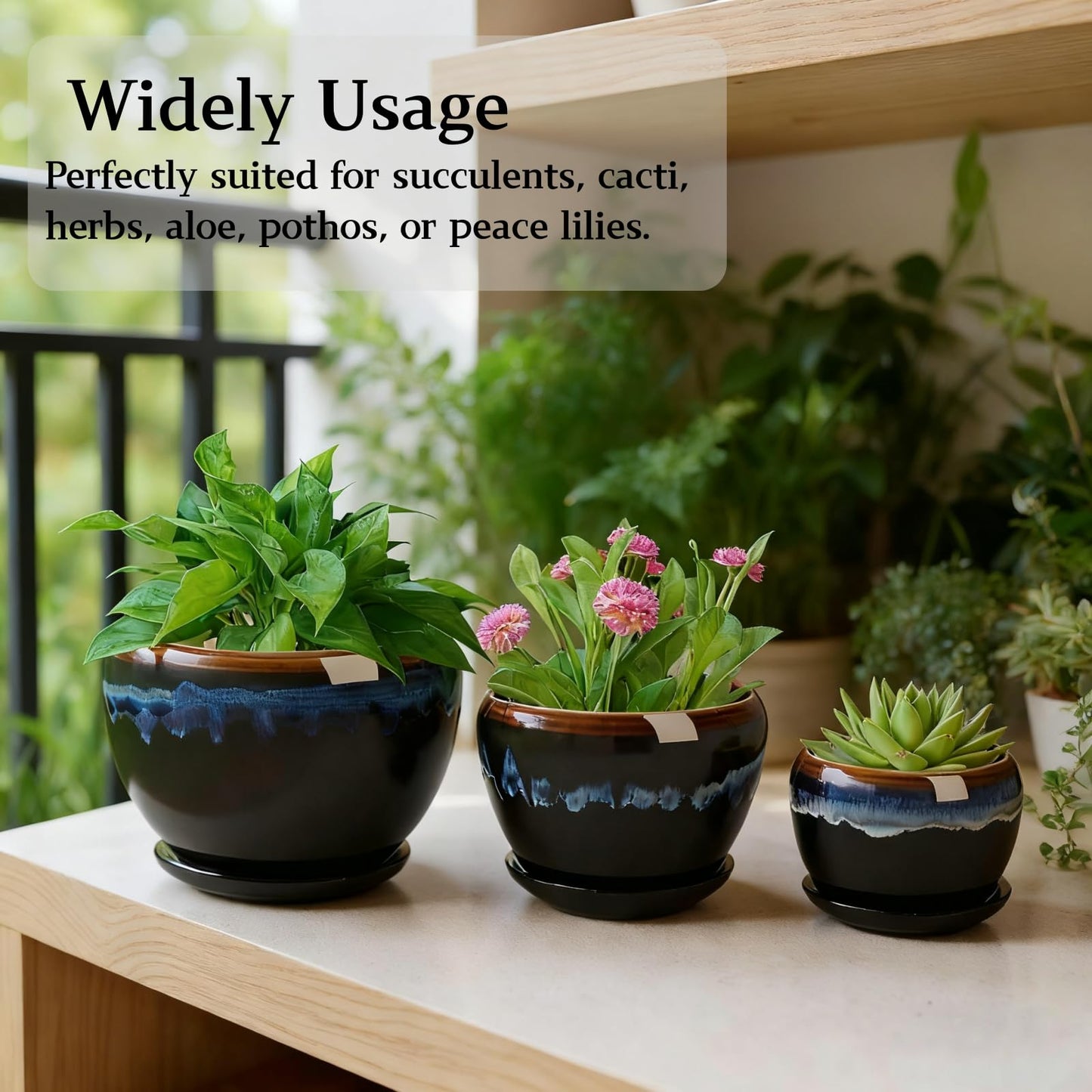 AVLA 3 Pack Ceramic Flower Pots, Gardening Drip Glazed Planter, Plant Pot with Drainage Hole and Saucer, 7/5/4 Inch Rustic Houseplant Container for Succulent Herbs Cactus Orchid, Home Indoor Outdoor