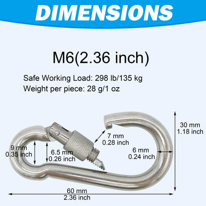 Outmate 304 Stainless Steel Carabiners -2.36 inch Heavy Duty, Durable & Rust-Free Clips for Gym, Swing, Dog Leashes, Hammocks, Keychains, and More(304,M6 with Screw,Pack of 6)