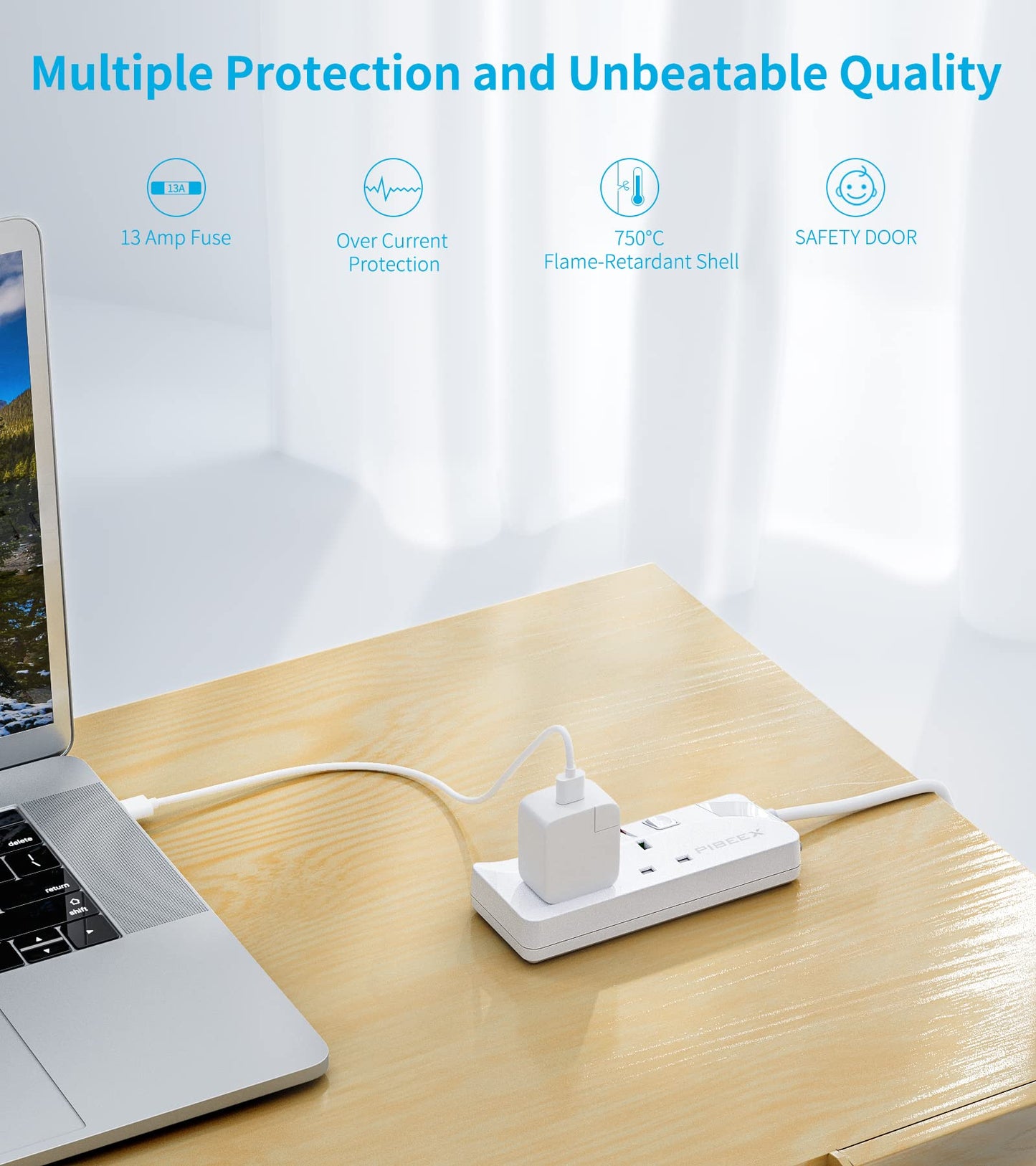 PIBEEX Extension Lead 2 Way Plug Sockets with Individual Switches Wall Mountable Power Strip 1.5M Extension Cable 13A Fused UK Plug 3250W