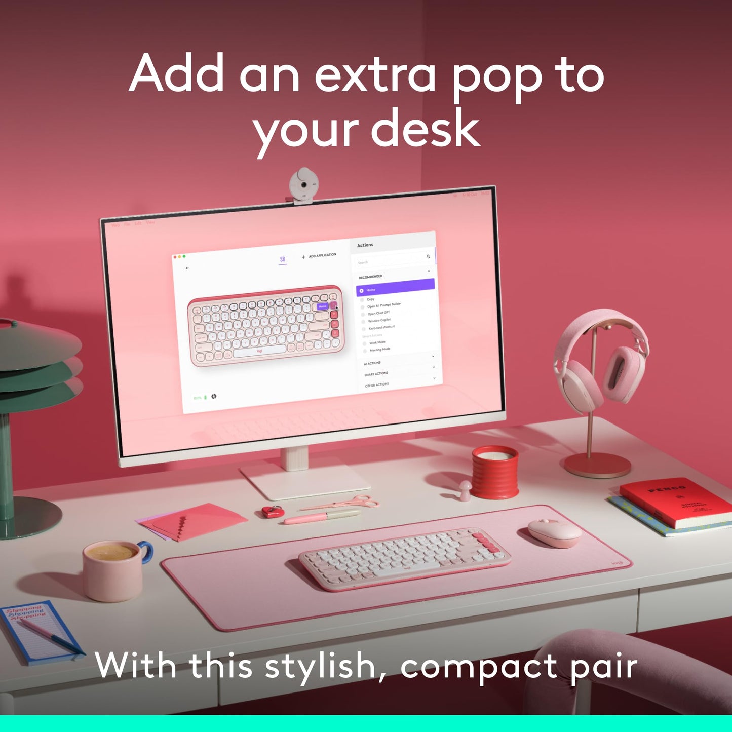 Logitech POP ICON Keys Wireless Bluetooth Keyboard, Comfortable Typing, Programmable Keys, Easy-Switch Between up to 3 Devices, for Laptop, Tablet, PC – Rose and Off-White