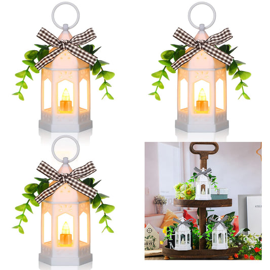 3 Pieces Farmhouse Decor Mini Lanterns with LED Candle Rustic Tiered Tray Decor Centerpieces Hanging Ramadan Wedding Lantern with Eucalyptus and Buffalo Plaid Vintage Battery Operated(White)