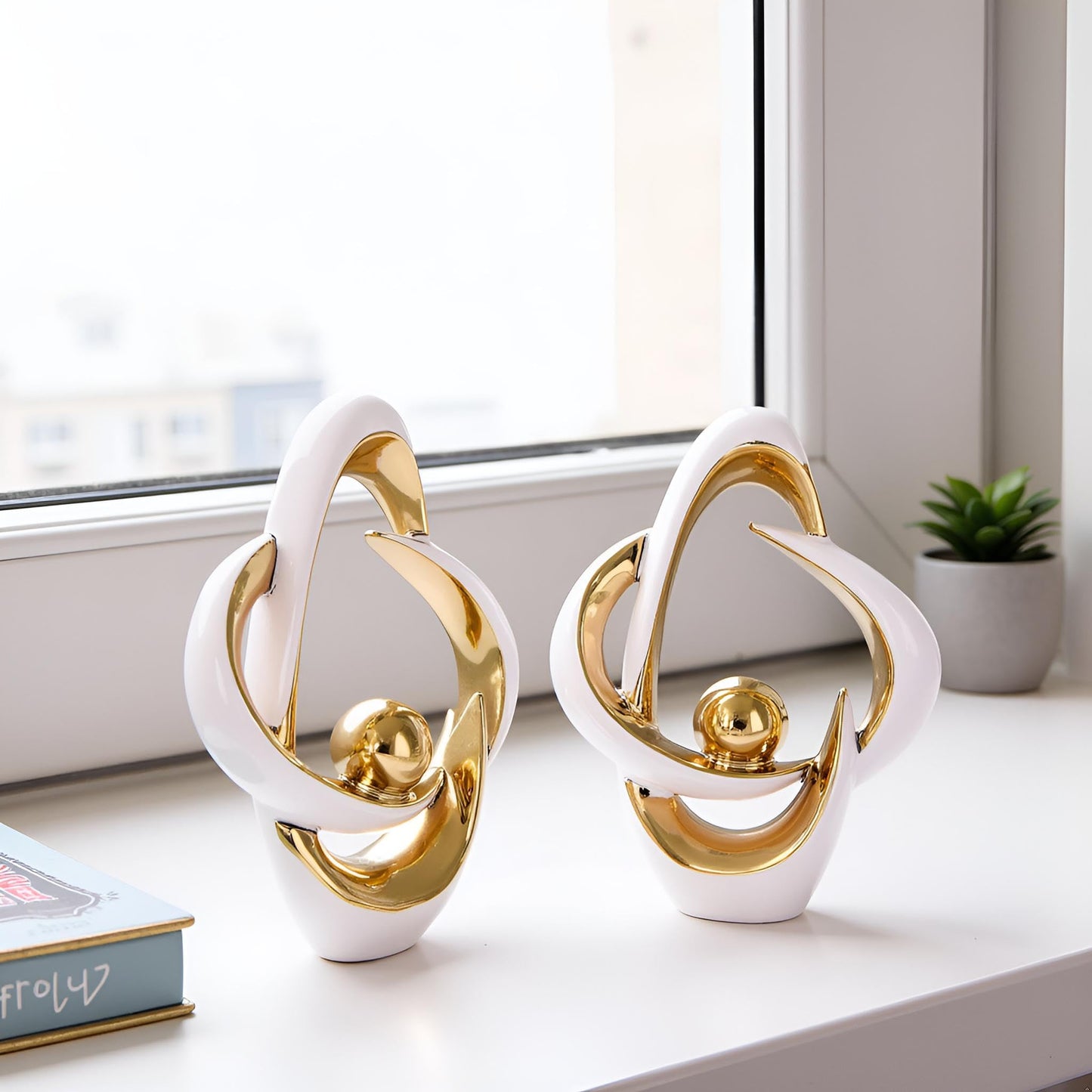 2PCS Home Decor Accent Ceramic Statue Abstract Sculptures Centerpieces Mid Century Modern Decor for Tables Coffee Table top Decorations for Living Room Desktop Shelf Dining Room Kitchen (White Gold)
