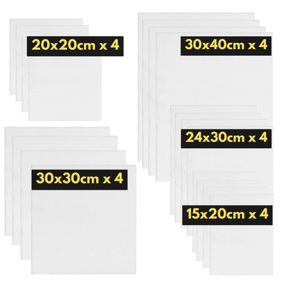 ARTME 20pcs Canvas Panels (15x20-4pk, 24x30-4pk, 30x40-4pk, 20x20-4pk, 30x30-4pk) 3mm Blank Artist Canvas Board / 280GSM/ 100% Cotton/Triple Primed/Acid Free/Medium Grain- Acrylic & Oil Painting