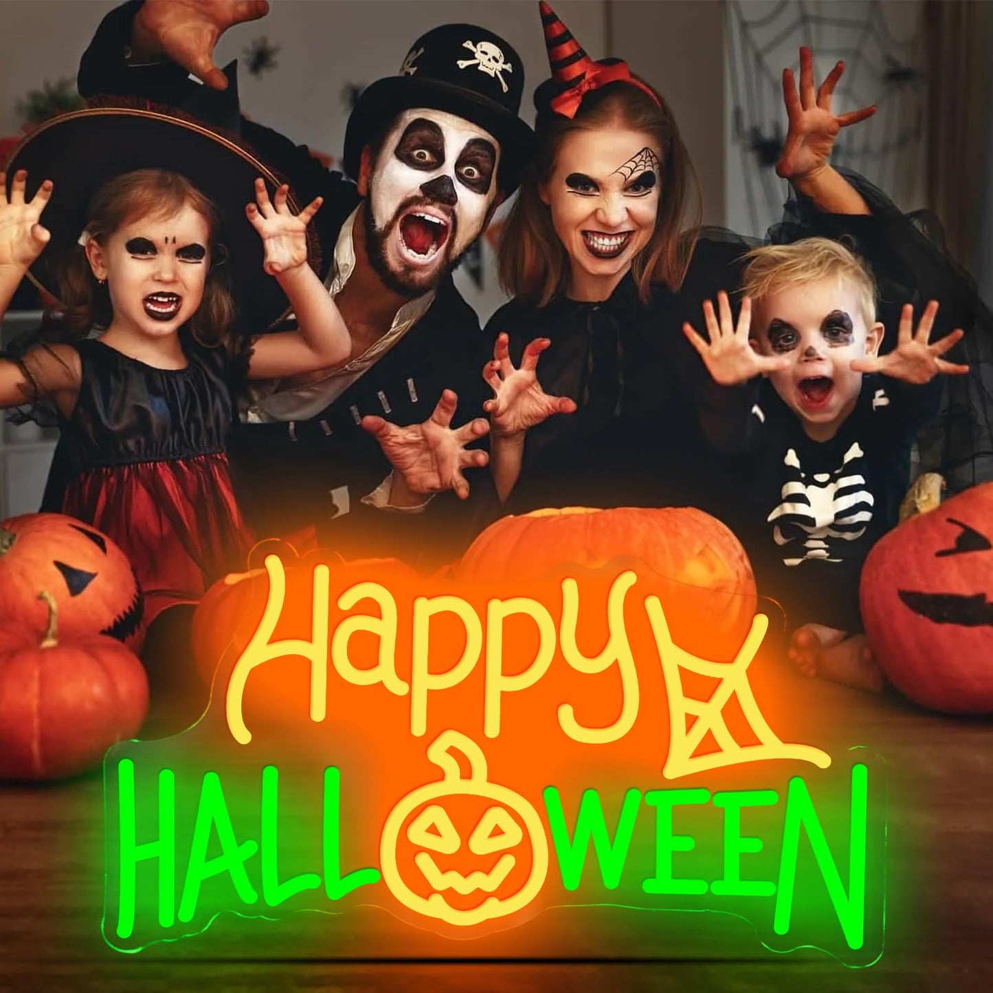 Happy Halloween Neon Sign, LED Halloween Light Up Decor Web Pumpkin Neon Signs for Wall Bedroom Home Bar Halloween Party Decor Halloween Present for Trick or Treat Party Backdrop