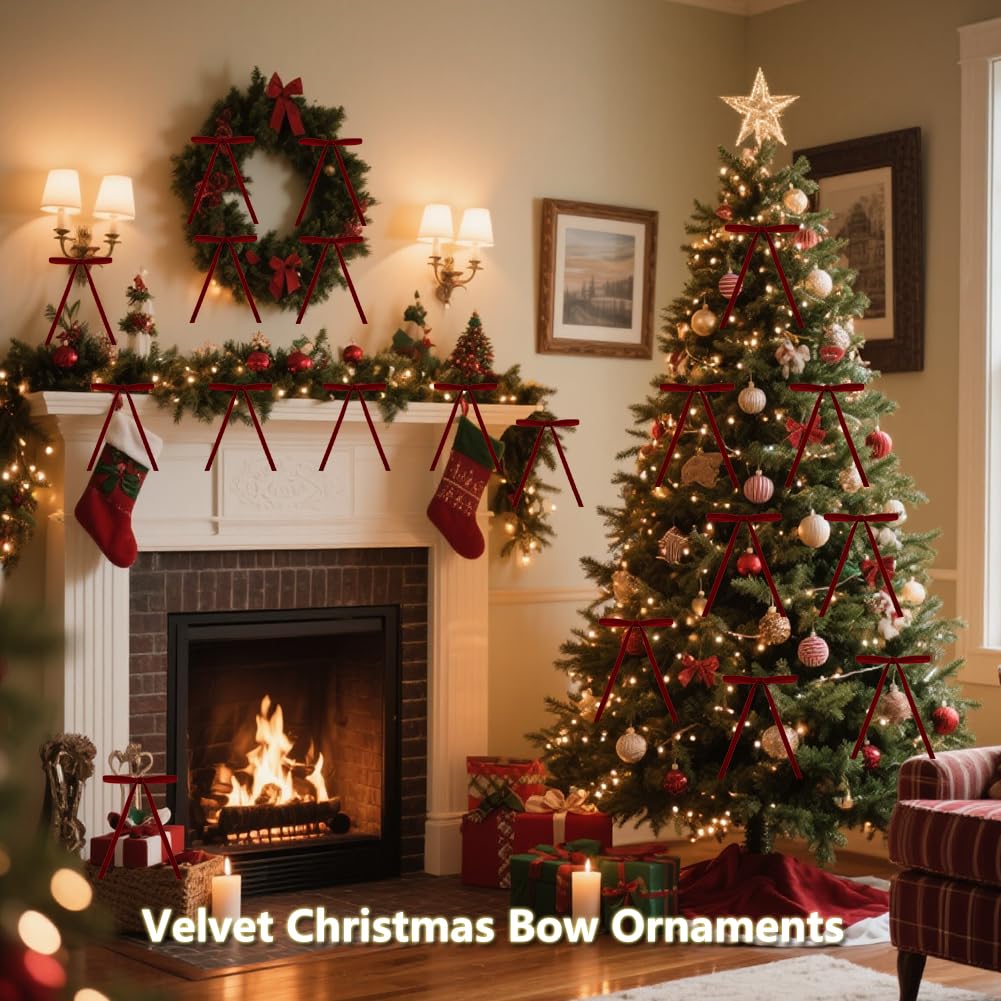 26 Pcs Velvet Christmas Tree Bows Ornaments, 5x7 Inch, 3/8" Wide, Craft Ribbon Bows for Garland Wreath Indoor Outdoor Xmas Decorations, Burgundy