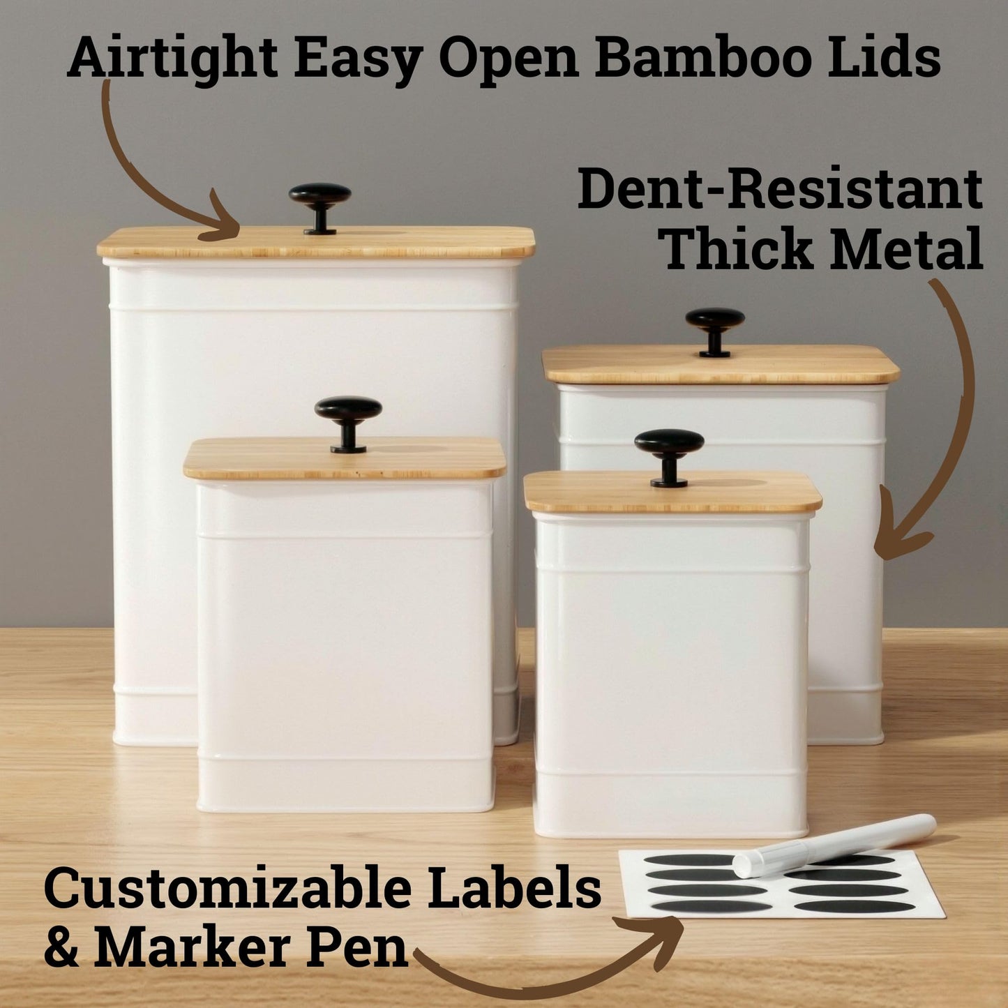 Kitchen Canisters for Countertop Set of 4 with Customizable Chalkboard Labels & Marker Pen - Big Iron Kitchen Canisters with Airtight Lids - Canisters Sets for the Kitchen - White Kitchen Canister Set