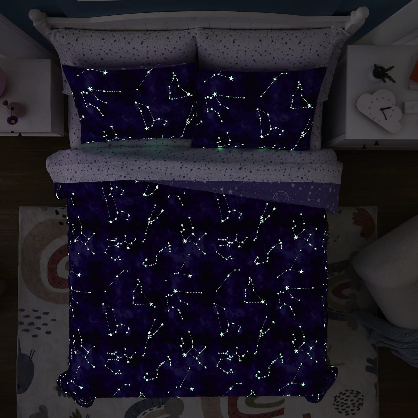 Kaleido Space Twin Kids Comforter Set - 5 Pieces Twin Bedding Sets for Boys Girls Teen, Glow in The Dark Galaxy Bed in A Bag with Sheets