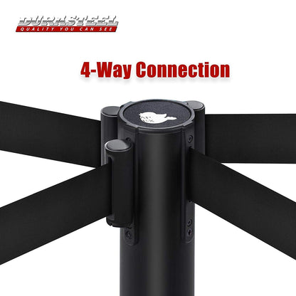 DuraSteel Black Crowd Control Barriers Stanchions with Retractable Belts - Metal Stanchion Posts w/ 6.5ft Black Retractable Barrier Belt Ropes - Queue VIP Safety Line Dividers - Set of 6 Stantions
