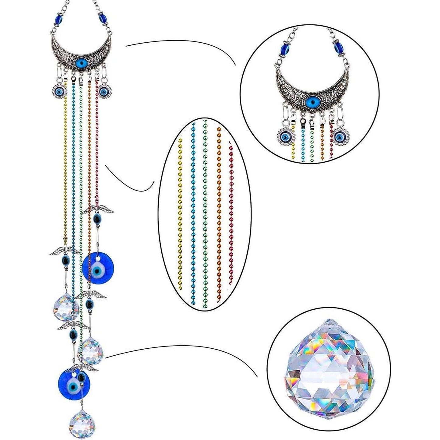 20 Inch Blue Evil Eye Hanging Crystal Suncatcher Ornament, Chakra Energy Crystal Ball Prism Pendant Rainbow Maker for Christmas Tree, Window & Home Decor Protection