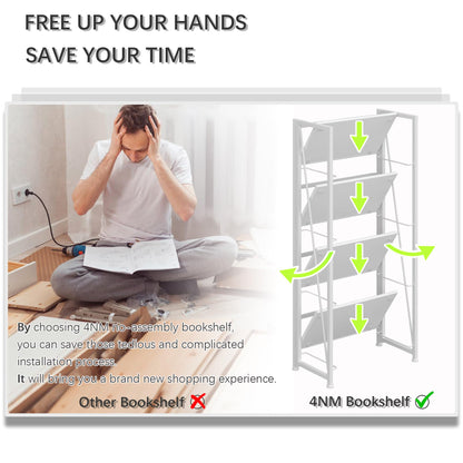 4NM No Assembly Folding Bookshelf Storage Shelves 4 Tiers Vintage Bookcase Standing Racks Study Organizer Home Office (All White)