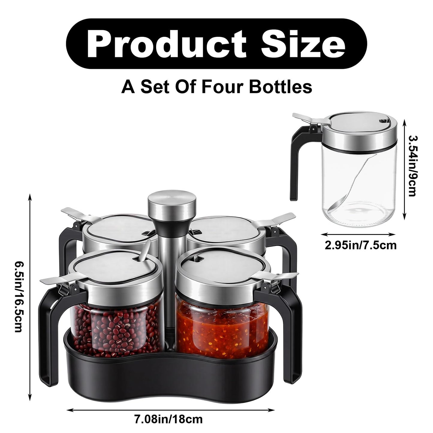 Set of 4 Revolving Condiment Pots: Sugar Bowl, Salt & Pepper Cellar with Lid and Spoon, 360-Degree Rotating Holder Tray for Kitchen Countertop Organization, Glass Spice Jars with Stainless Steel Acces