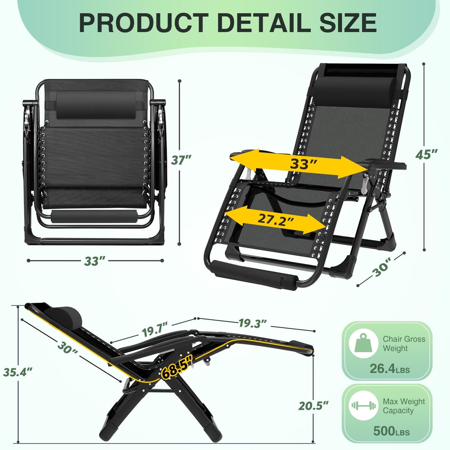 Suteck Oversized Zero Gravity Chair,33In XXL Lounge Chair w/Removable Cushion&Headrest, Reclining Camping Chair w/Upgraded Lock and Footrest, Reclining Patio Chairs Recliner for Indoor Outdoor,500LBS