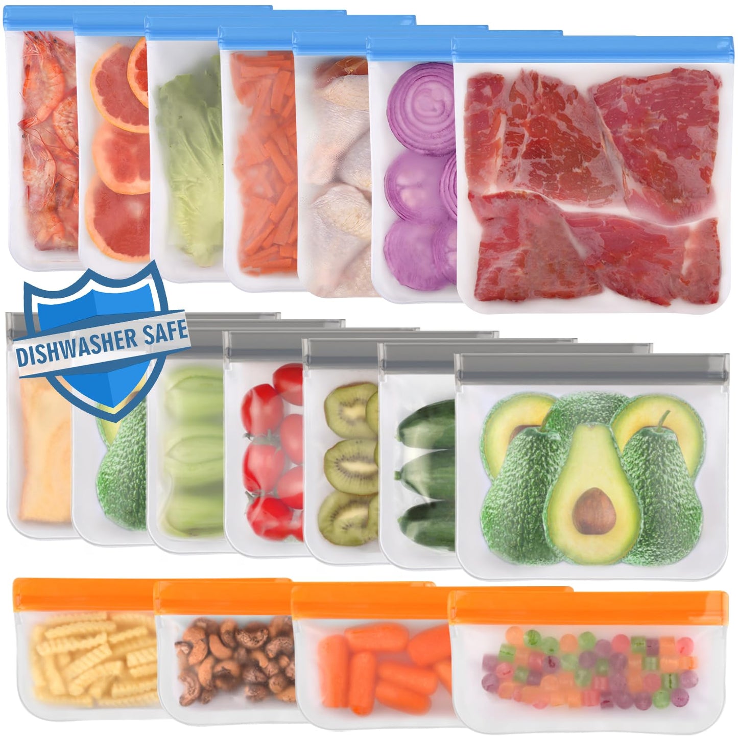 Lerine 10 Pack Dishwasher Safe Reusable Bags, Leakproof Reusable Freezer Bags, BPA Free Food Storage Bags for Marinate Food Travel - 3 Gallon 4 Sandwich 3 Snack