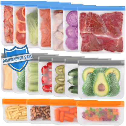 Lerine 10 Pack Dishwasher Safe Reusable Bags, Leakproof Reusable Freezer Bags, BPA Free Food Storage Bags for Marinate Food Travel - 3 Gallon 4 Sandwich 3 Snack